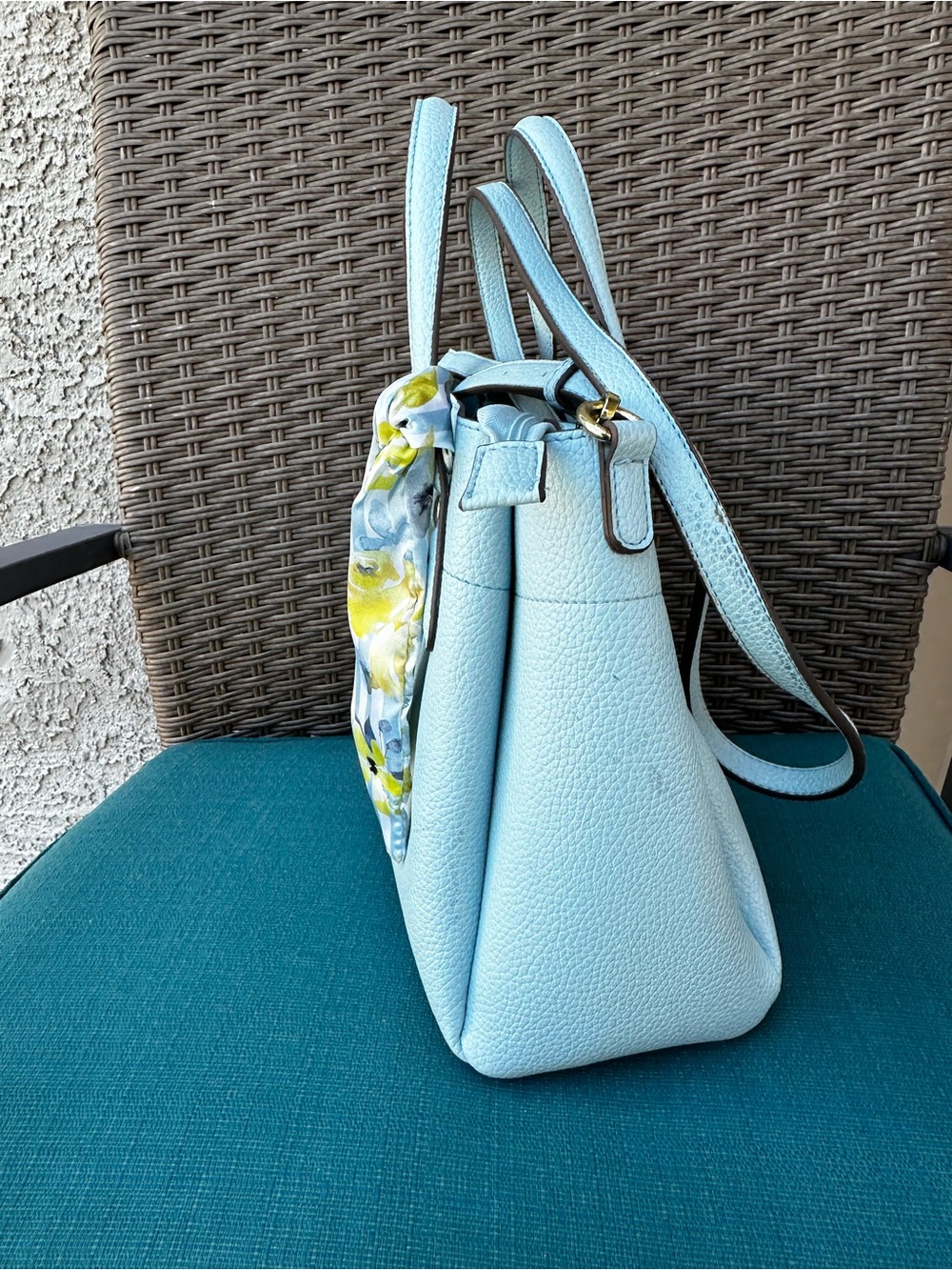 Nanette Lepore Light Blue Pebbled Leather Satchel with Floral Scarf 12X9” Pretty - Picture 8 of 16